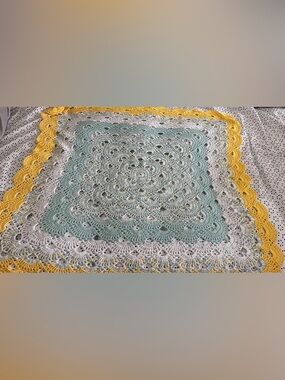 Hand-Crocheted Baby Blanket Throw - Mint, White & Yellow